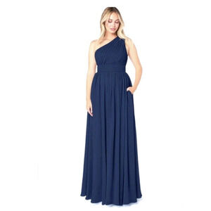 Azazie Molly Dark Navy Pleated Formal One Shoulder Prom Bridesmaid Dress Size 2